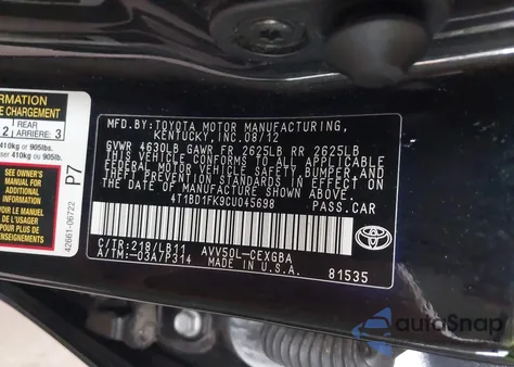 2012 Toyota Camry Hybrid Xle z USA, uszkodzony, nr VIN 4T1BD1FK9CU045698